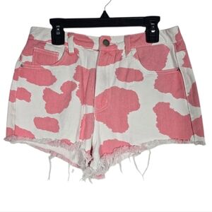 SHEIN Small Pink and White Cow Print Cut Off Jean Shorts